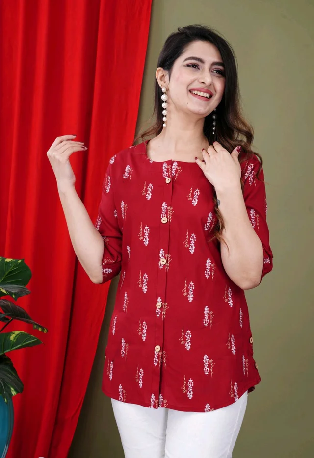 Casual Roll Up Sleeves Printed Women Green, Yellow, White Top
- Maroon, L