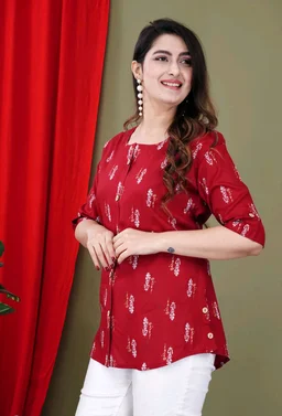 Casual Roll Up Sleeves Printed Women Green, Yellow, White Top
- Maroon, L