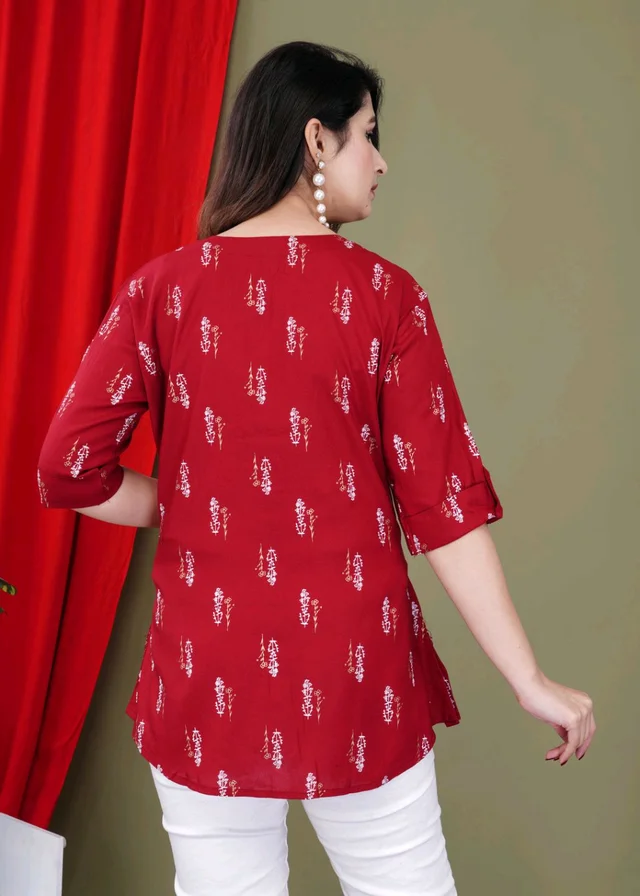 Casual Roll Up Sleeves Printed Women Green, Yellow, White Top
- Maroon, 2XL