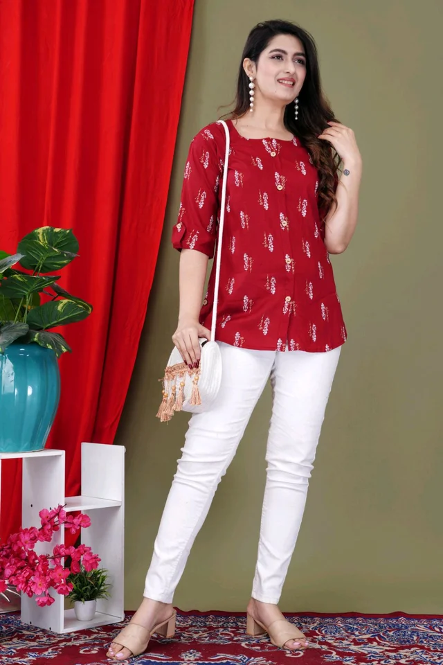 Casual Roll Up Sleeves Printed Women Green, Yellow, White Top
- Maroon, 5XL