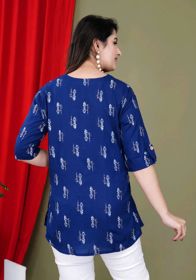 Casual Roll Up Sleeves Printed Women Green, Yellow, White Top
- Blue, L