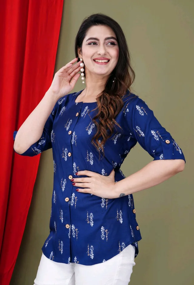 Casual Roll Up Sleeves Printed Women Green, Yellow, White Top
- Blue, 2XL