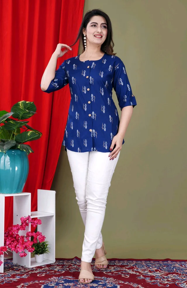 Casual Roll Up Sleeves Printed Women Green, Yellow, White Top
- Blue, 3XL