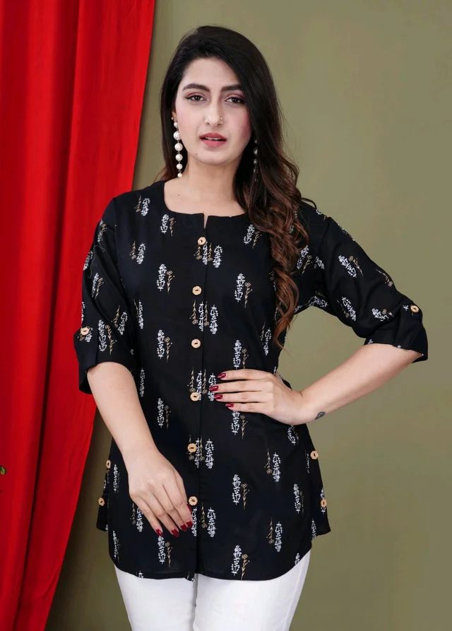 Casual Roll Up Sleeves Printed Women Green, Yellow, White Top
- Black, XL