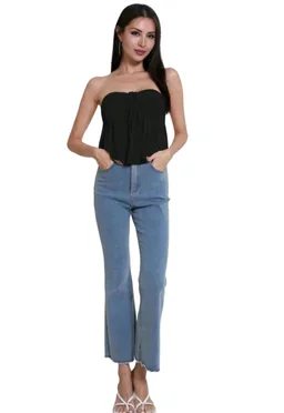 Trendy Drawstring Front Off-Shoulder Ruffle Hem Tube Top |
- Black, M