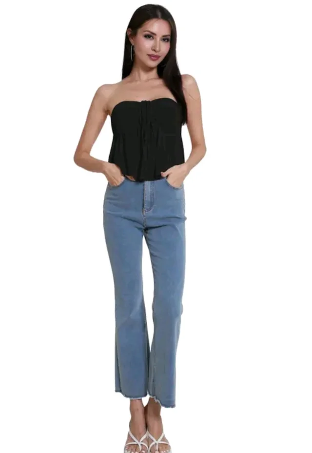 Trendy Drawstring Front Off-Shoulder Ruffle Hem Tube Top |
- Black, L