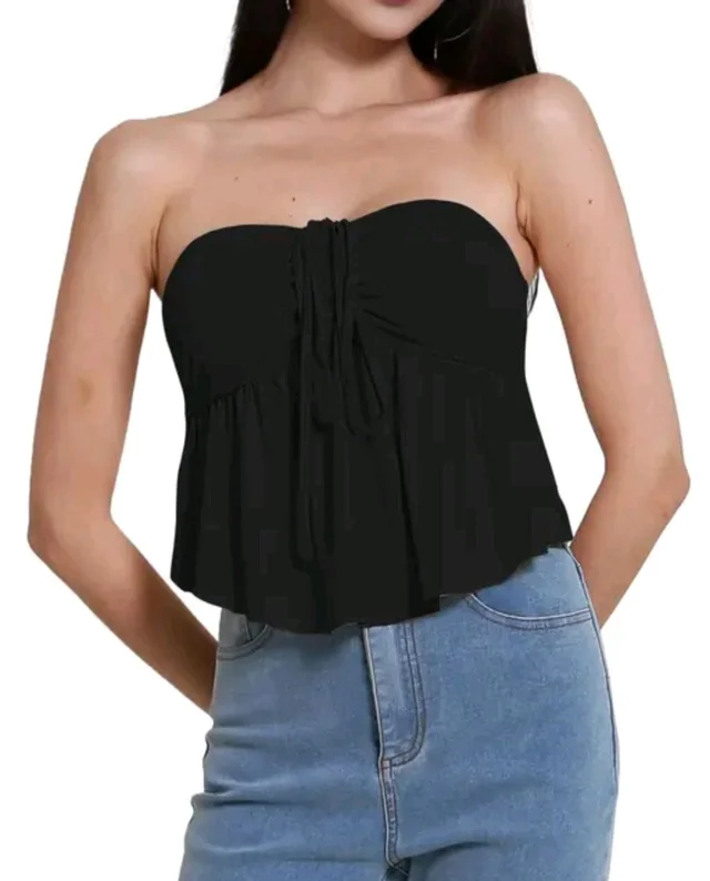 Trendy Drawstring Front Off-Shoulder Ruffle Hem Tube Top |
- Black, XL