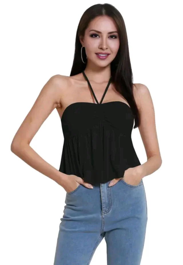 Trendy Drawstring Front Off-Shoulder Ruffle Hem Tube Top |
- Black, XS