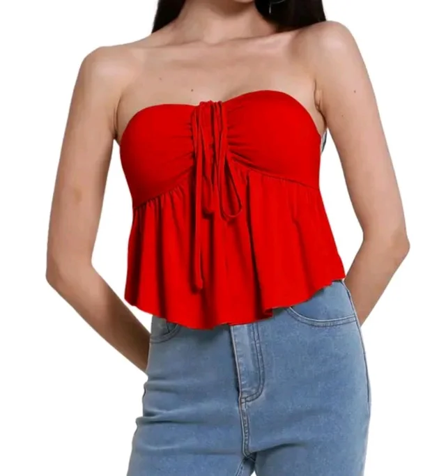 Trendy Drawstring Front Off-Shoulder Ruffle Hem Tube Top |
- Red, L