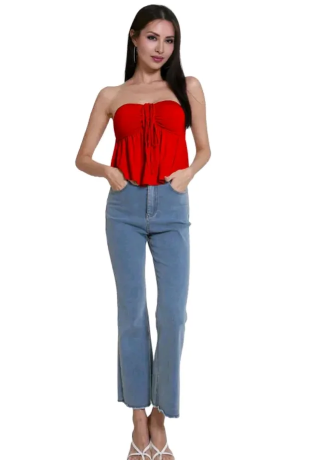 Trendy Drawstring Front Off-Shoulder Ruffle Hem Tube Top |
- Red, L