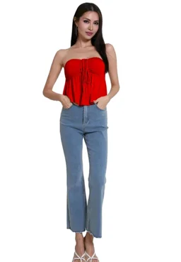 Trendy Drawstring Front Off-Shoulder Ruffle Hem Tube Top |
- Red, L