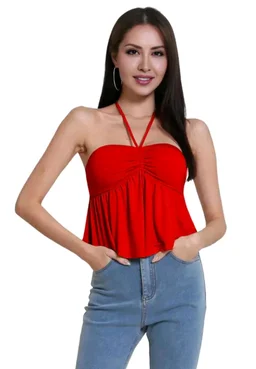 Trendy Drawstring Front Off-Shoulder Ruffle Hem Tube Top |
- Red, XL