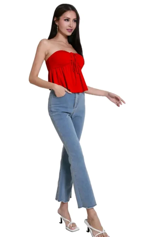 Trendy Drawstring Front Off-Shoulder Ruffle Hem Tube Top |
- Red, XL