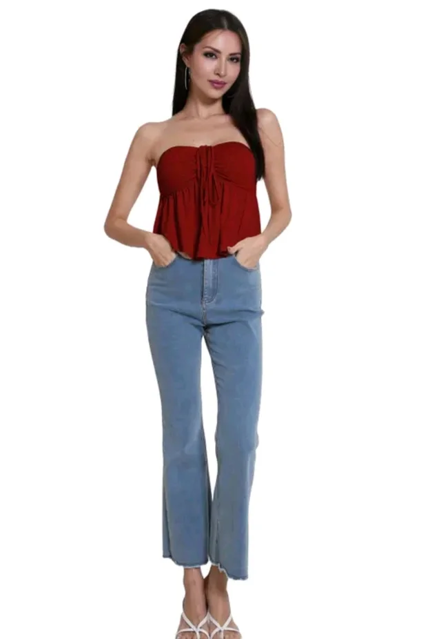 Trendy Drawstring Front Off-Shoulder Ruffle Hem Tube Top |
- Maroon, M