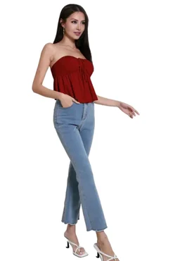 Trendy Drawstring Front Off-Shoulder Ruffle Hem Tube Top |
- Maroon, L