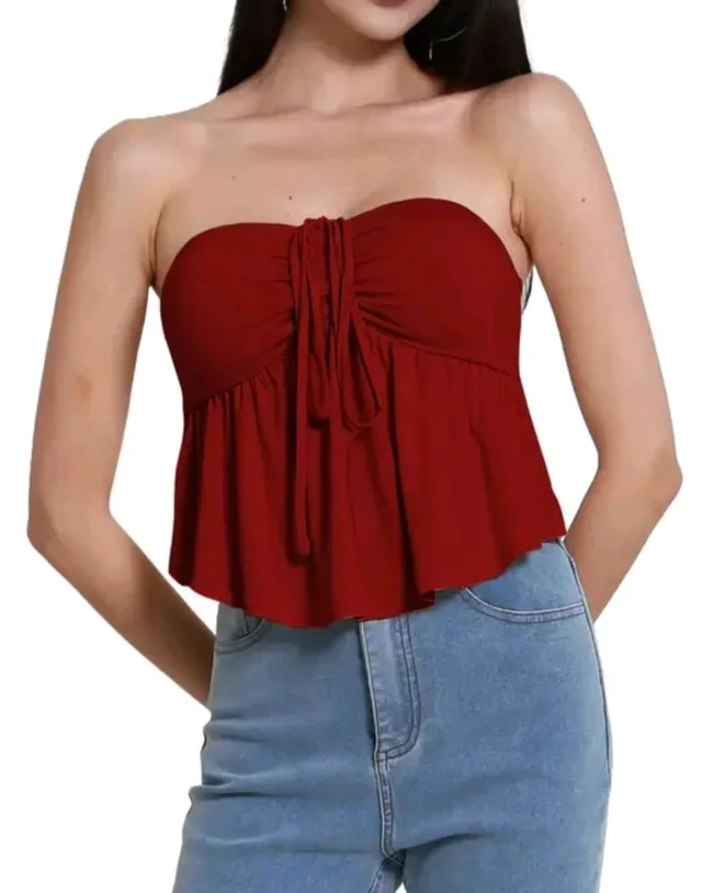 Trendy Drawstring Front Off-Shoulder Ruffle Hem Tube Top |
- Maroon, XL