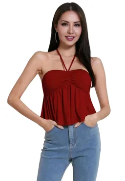 Trendy Drawstring Front Off-Shoulder Ruffle Hem Tube Top |
- Maroon, XL