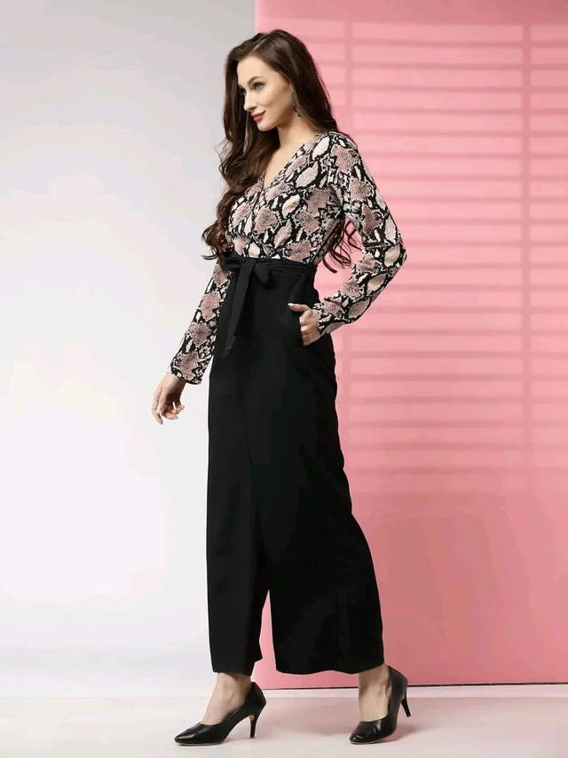Women's Printed Maxi Jumpsuit, Black And Beige - Clam Shell, XL