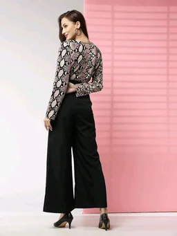Women's Printed Maxi Jumpsuit, Black And Beige - Clam Shell, XS