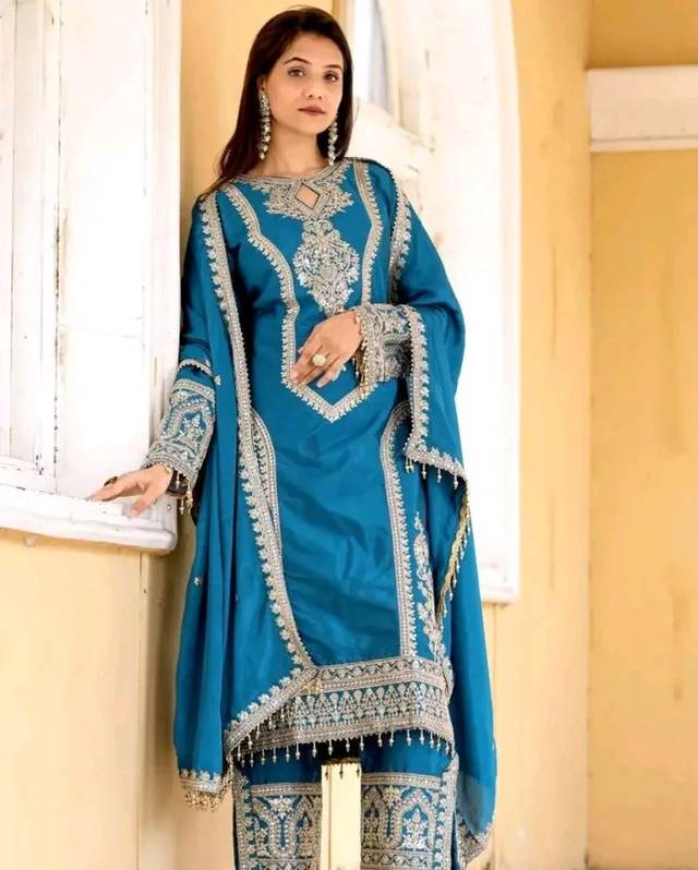 Heavy Chinon Silk kurti Eith Embroidered salwar And Dupatta Set
- Regal Blue, L