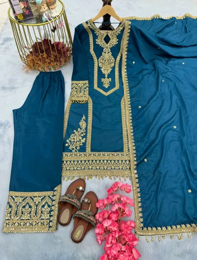 Heavy Chinon Silk kurti Eith Embroidered salwar And Dupatta Set
- Regal Blue, XL