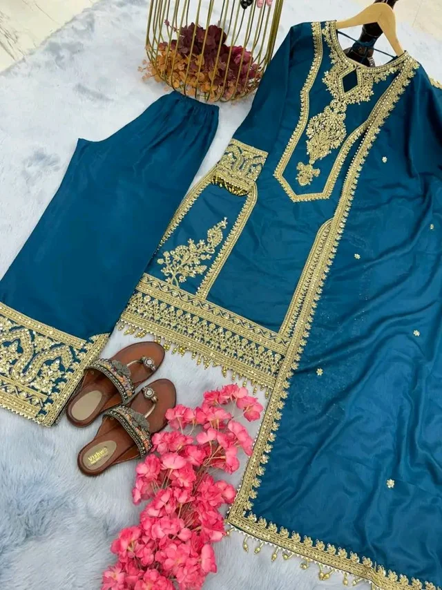 Heavy Chinon Silk kurti Eith Embroidered salwar And Dupatta Set
- Regal Blue, XL