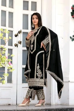 Heavy Chinon Silk kurti Eith Embroidered salwar And Dupatta Set
- Black, M