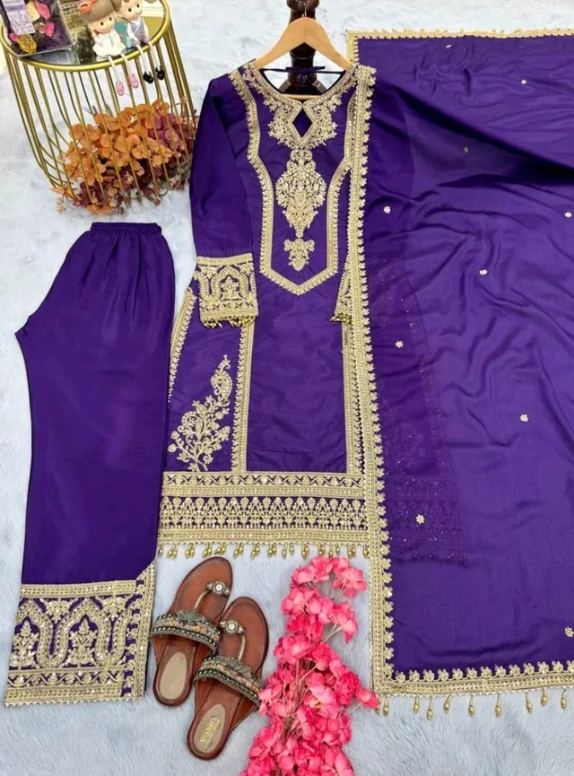 Heavy Chinon Silk kurti Eith Embroidered salwar And Dupatta Set
- Meteorite, XL