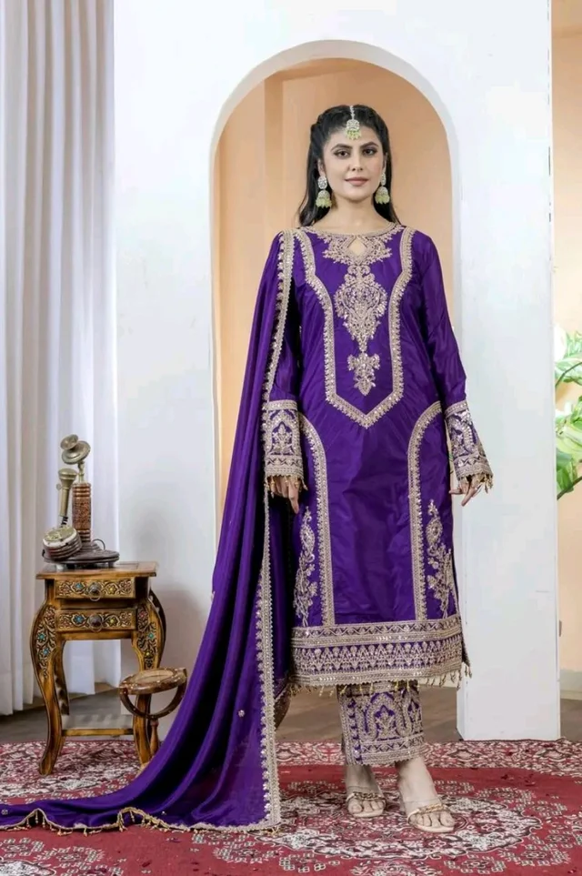 Heavy Chinon Silk kurti Eith Embroidered salwar And Dupatta Set
- Meteorite, XXL