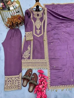 Heavy Chinon Silk kurti Eith Embroidered salwar And Dupatta Set
- Old Lavender, M