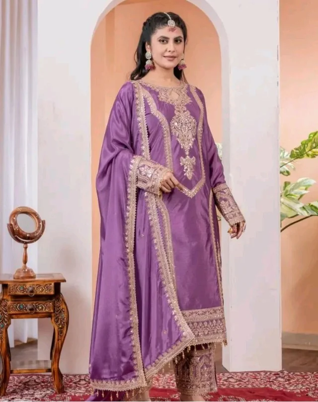 Heavy Chinon Silk kurti Eith Embroidered salwar And Dupatta Set
- Old Lavender, XXL