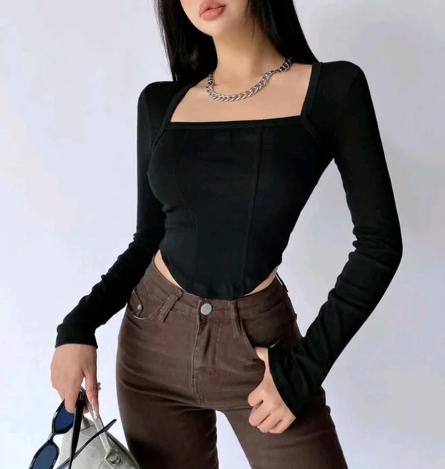 Casual Regular Sleeves Solid Women Dark Black Top - Black, XXXL