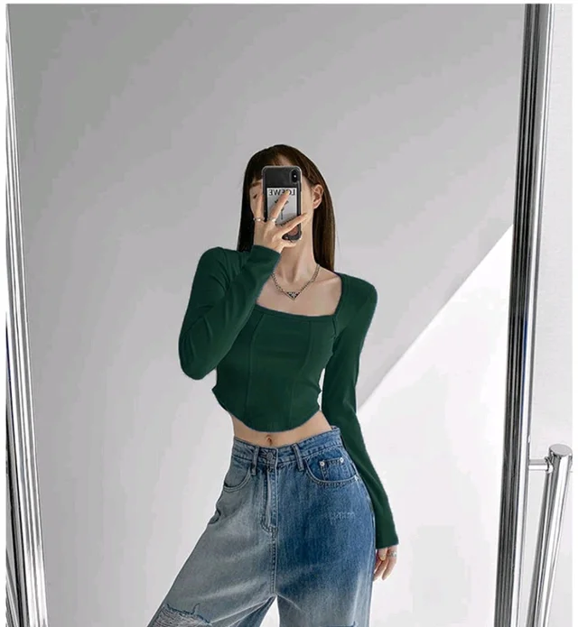 Casual Regular Sleeves Solid Women Green Top - Green, L