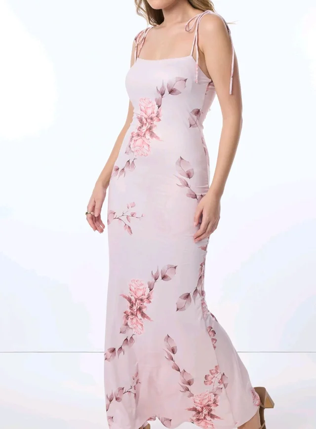 Pink Knotted Sleeves Printed Slip-On. Dress - Soft Peach, S