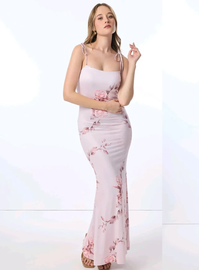 Pink Knotted Sleeves Printed Slip-On. Dress - Soft Peach, XS