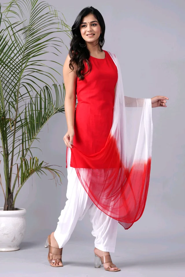 Viscose Rayon Kurti Patiala Dupatta Set - Red, M