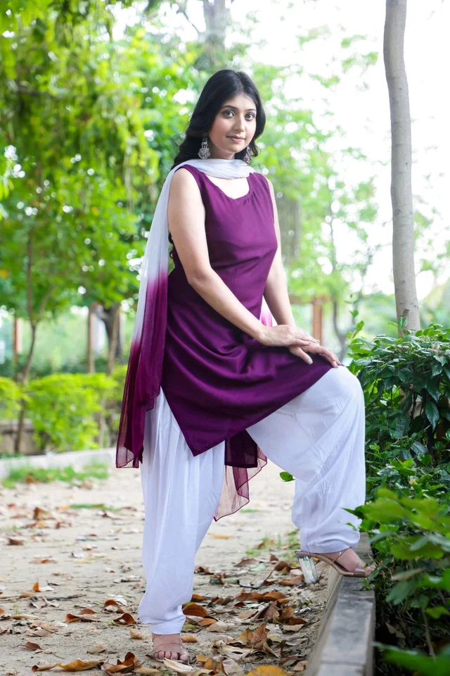 Viscose Rayon Kurti Patiala Dupatta Set - Plum, XXL