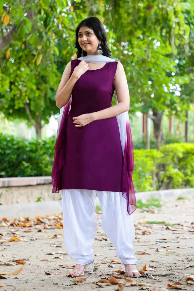 Viscose Rayon Kurti Patiala Dupatta Set - Plum, XXXL