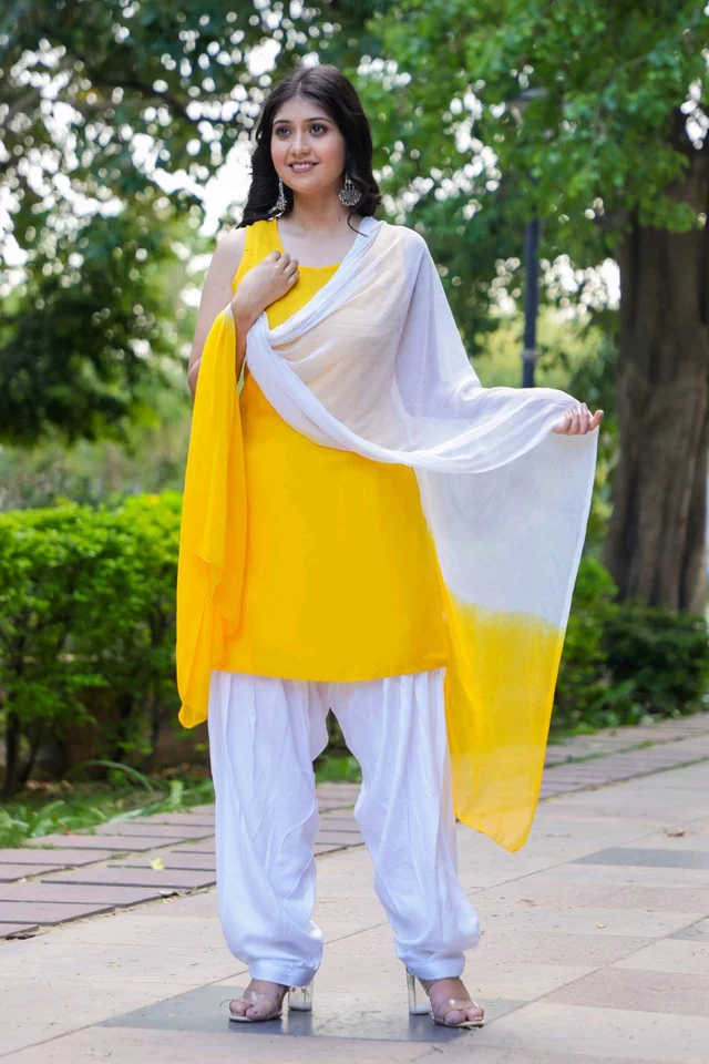 Viscose Rayon Kurti Patiala Dupatta Set - Ripe Lemon, M