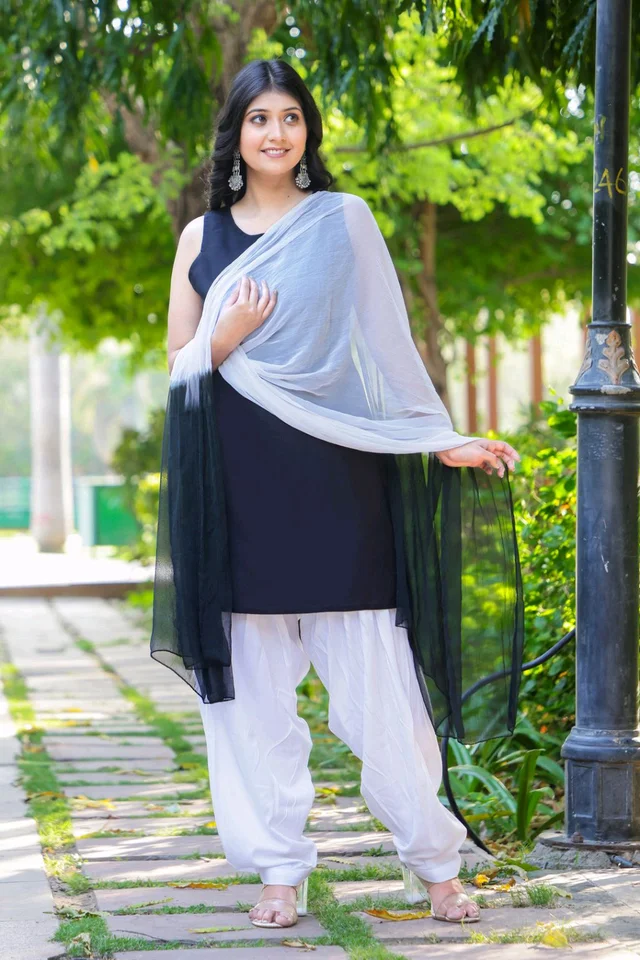Viscose Rayon Kurti Patiala Dupatta Set - Black, L