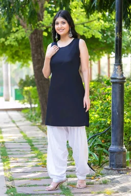 Viscose Rayon Kurti Patiala Dupatta Set - Black, M