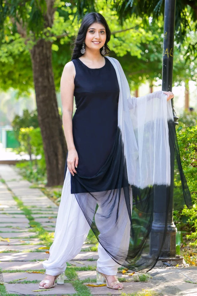 Viscose Rayon Kurti Patiala Dupatta Set - Black, XL