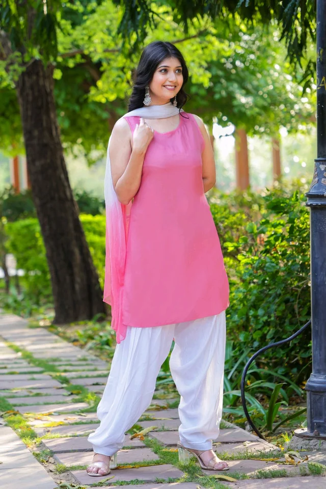 Viscose Rayon Kurti Patiala Dupatta Set - pink, XL