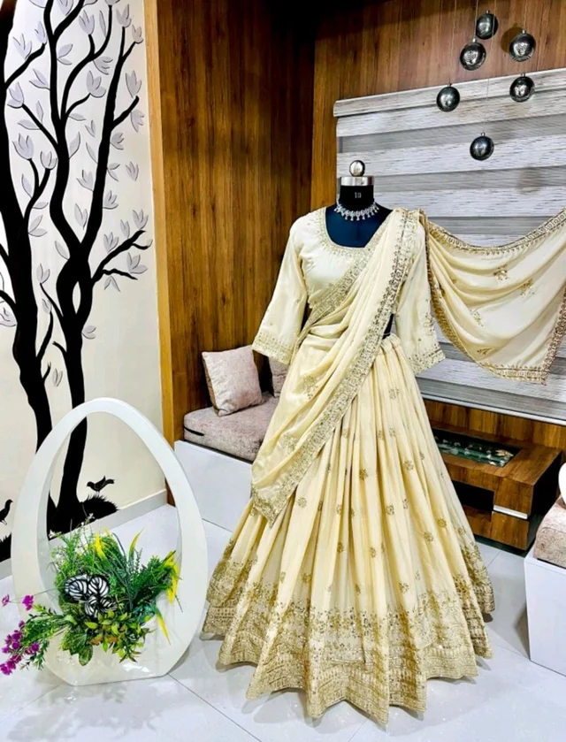 Womens Georgette Lehenga Choli Lehenga(Stitched), Blouse(Unstitched) Off White Free Size - off white, Free Size