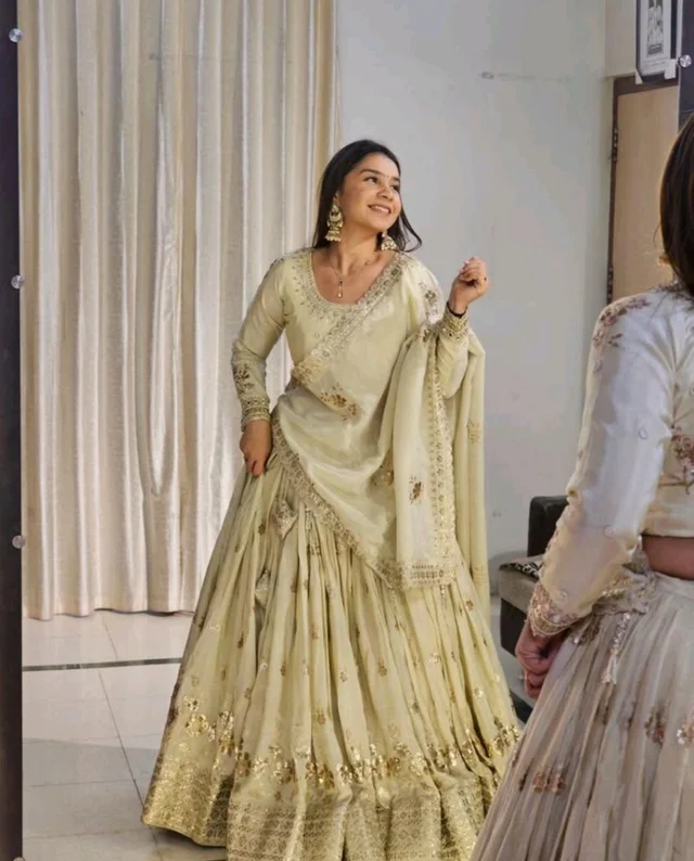 Womens Georgette Lehenga Choli Lehenga(Stitched), Blouse(Unstitched) Off White Free Size - off white, XXL