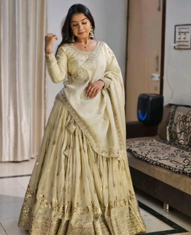 Womens Georgette Lehenga Choli Lehenga(Stitched), Blouse(Unstitched) Off White Free Size - off white, XXL