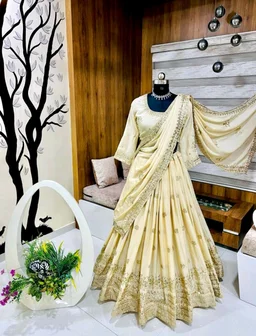 Womens Georgette Lehenga Choli Lehenga(Stitched), Blouse(Unstitched) Off White Free Size - off white, XXL