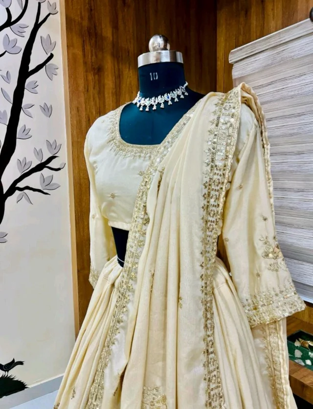 Womens Georgette Lehenga Choli Lehenga(Stitched), Blouse(Unstitched) Off White Free Size - off white, XXL