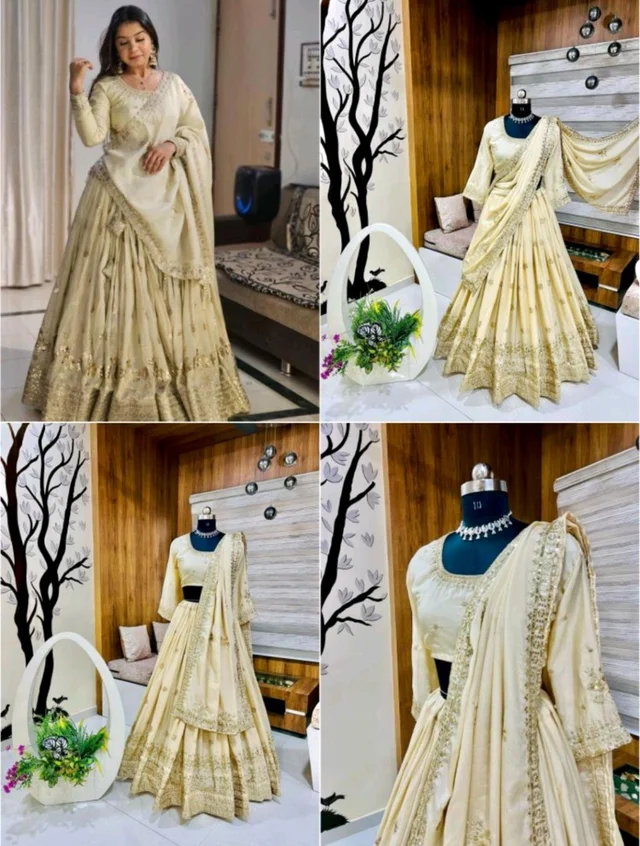 Womens Georgette Lehenga Choli Lehenga(Stitched), Blouse(Unstitched) Off White Free Size - off white, XXL