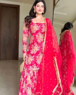 Exclusive Red Georgette Embroidery Work Sharara Suit With Dupatta - L, Red
